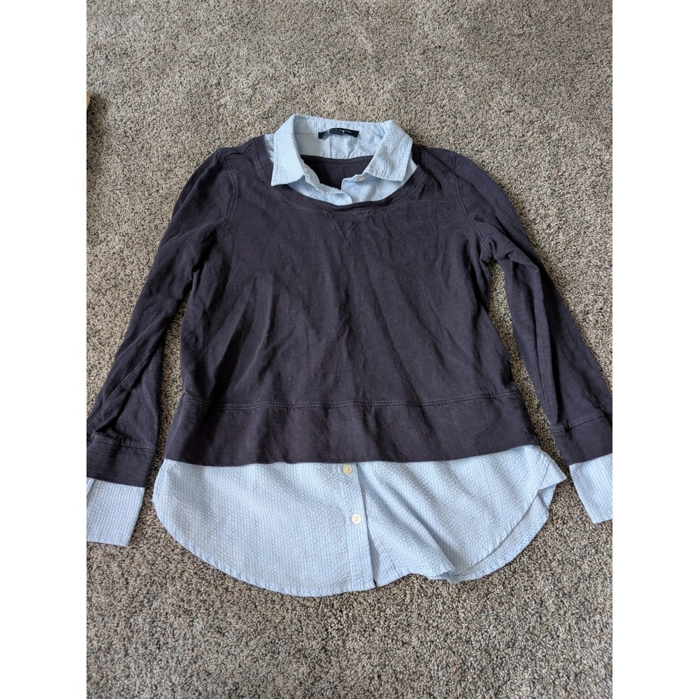 Tommy Hilfiger Womens 2-in-1 Layered Sweatshirt Seersucker Shirt Navy Blue M